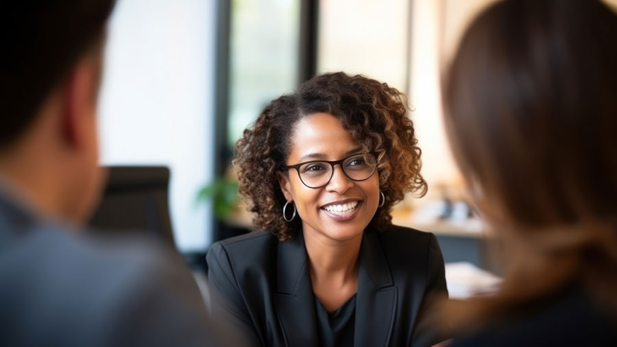Lawyer sitting with clients