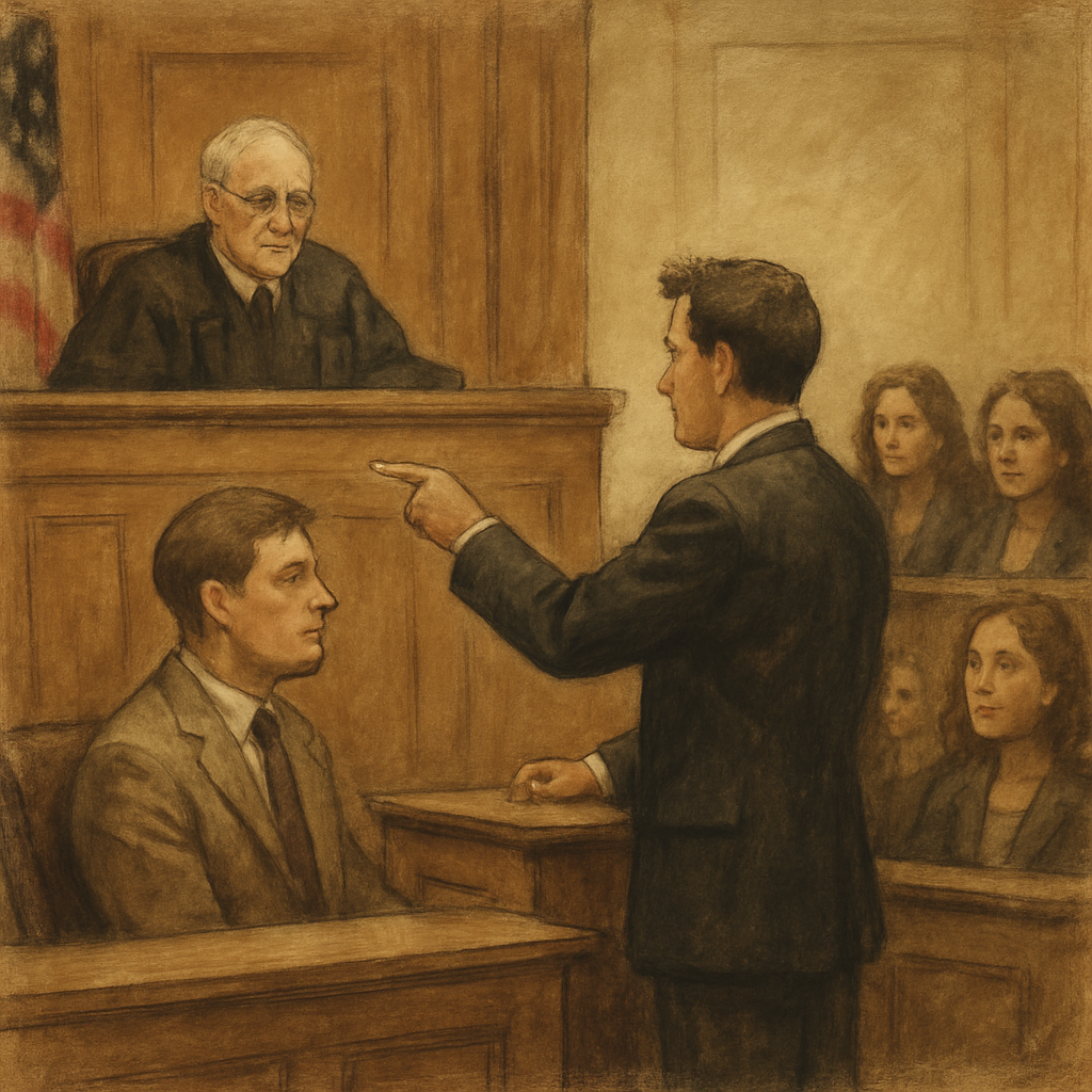 A courtroom scene representing legal proceedings