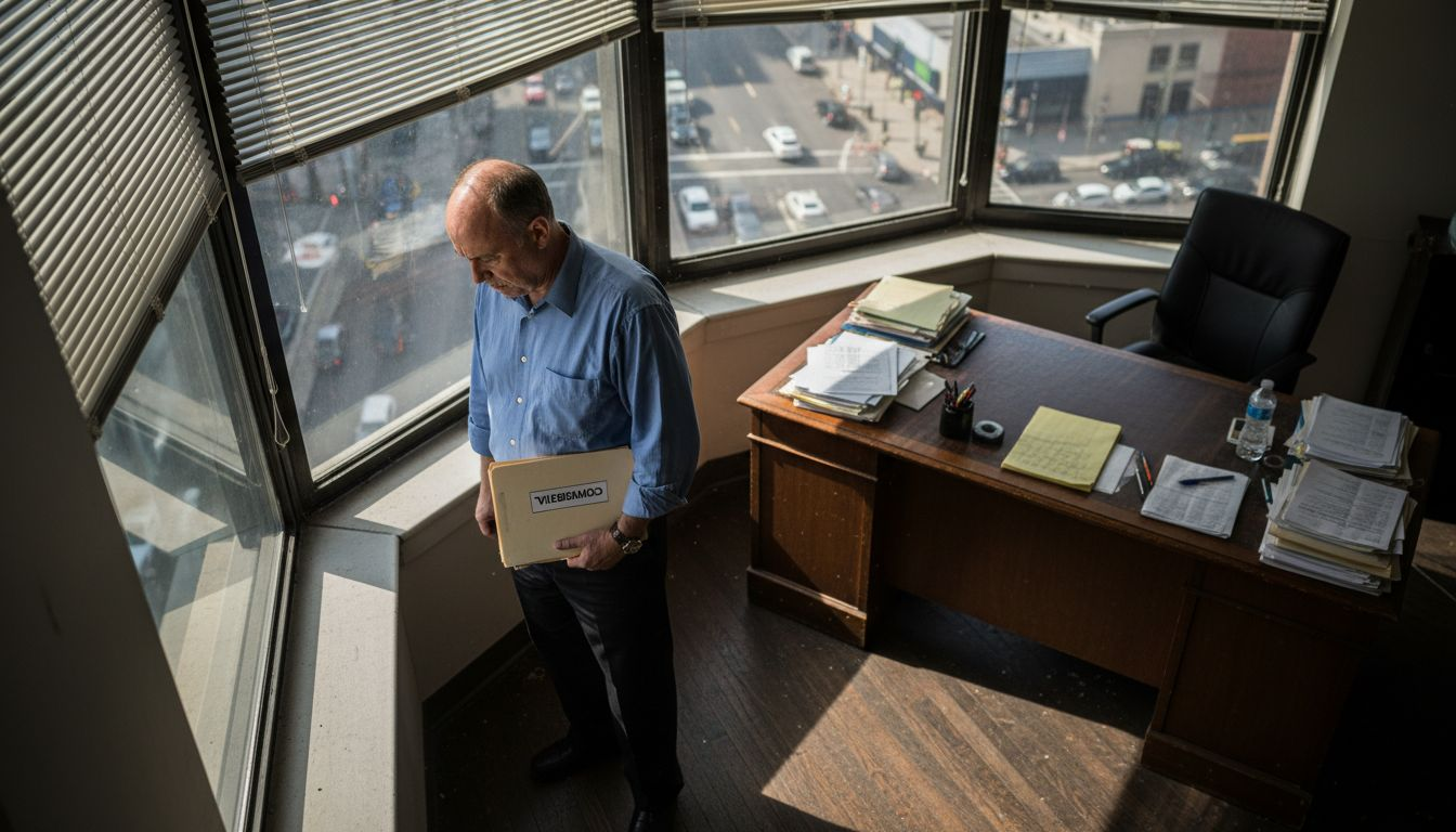 Man holding confidential folder in office window