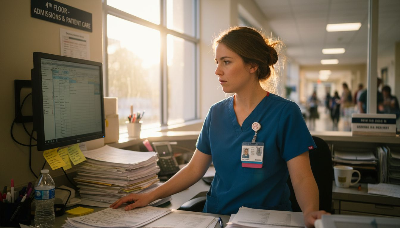 Nurse at hospital station with paperwork