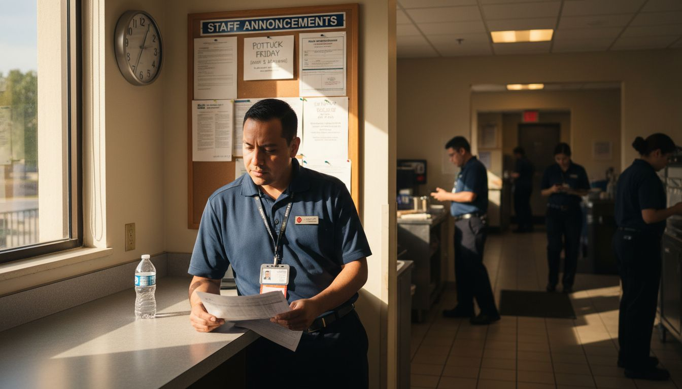 Trabajador de hotel revisando el horario de descanso en una sala de descanso concurrida