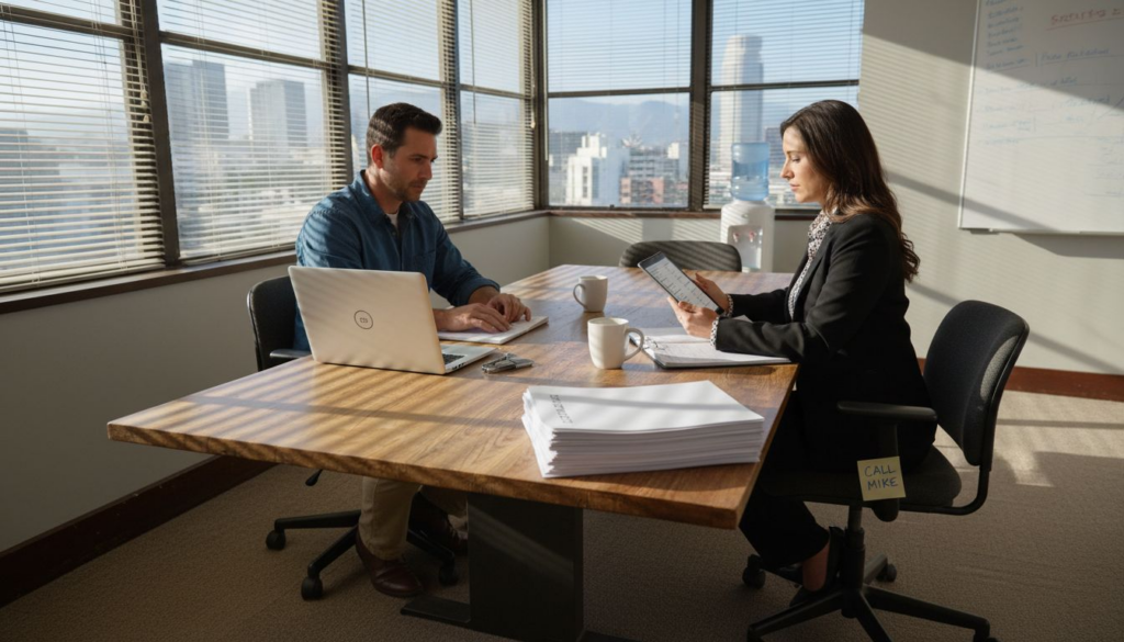 Dos trabajadores en una oficina de California comparando papeleo