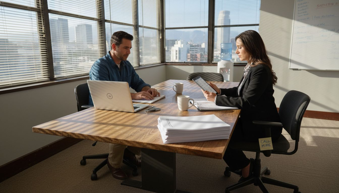 Two workers in California office comparing paperwork