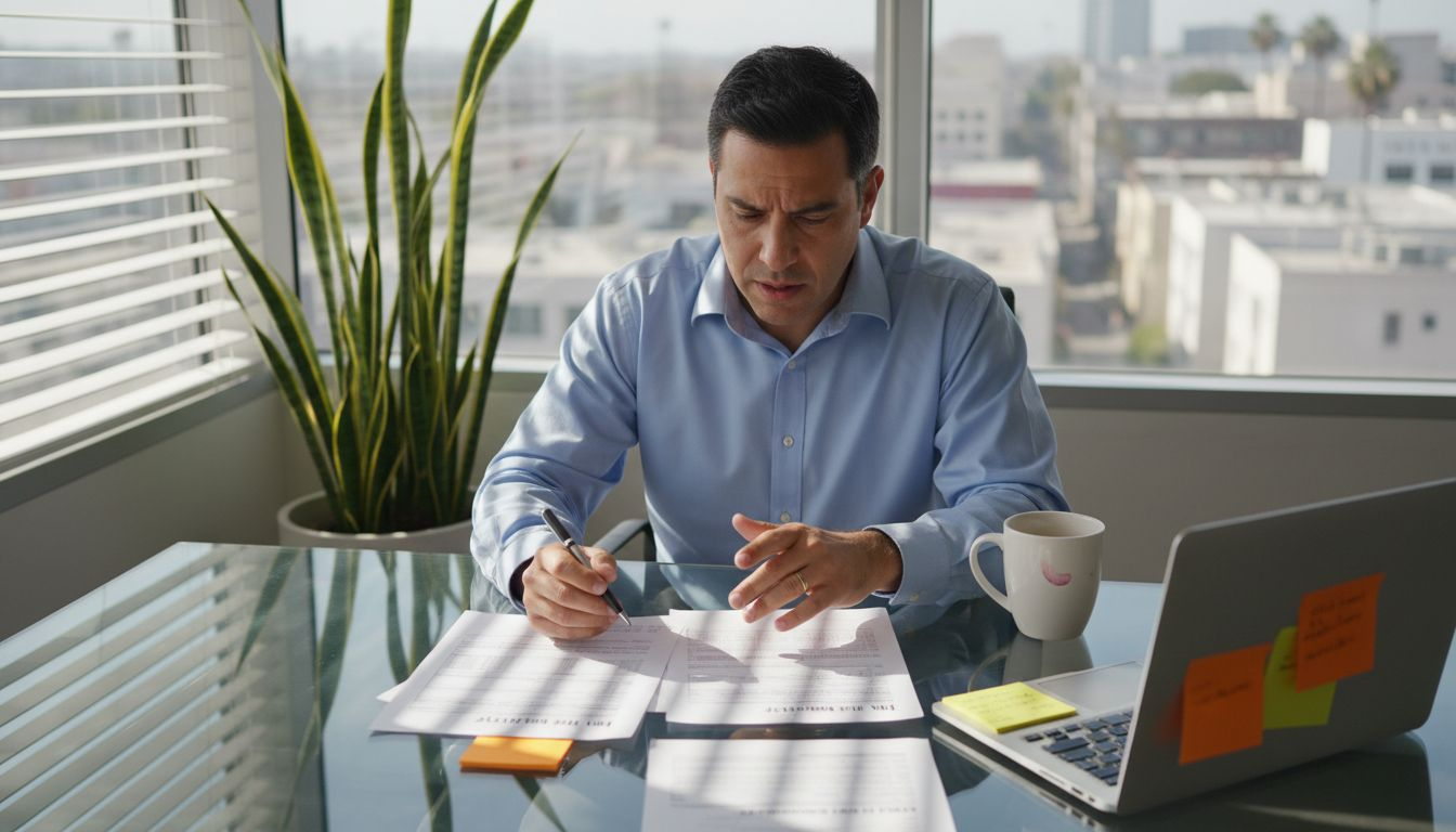 Man compares W-2 and 1099 documents in office