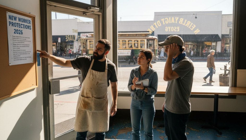 Workers reading new California employment laws written notices