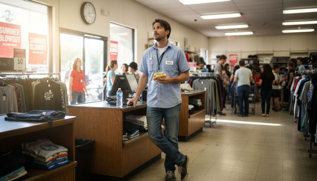 Retail worker checking clock for break