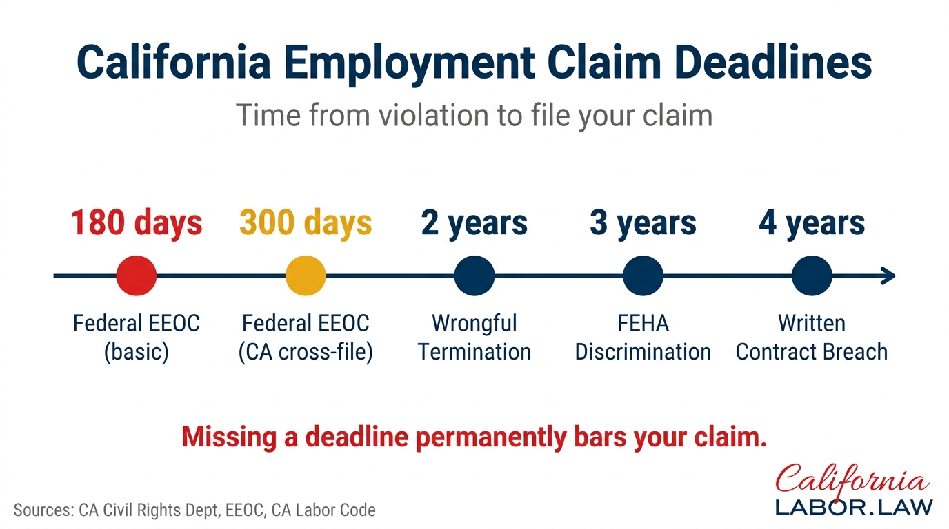California Employment Claim Deadlines timeline showing 180 days for Federal EEOC basic, 300 days for CA cross-file, 2 years for Wrongful Termination, 3 years for FEHA Discrimination, 4 years for Written Contract Breach