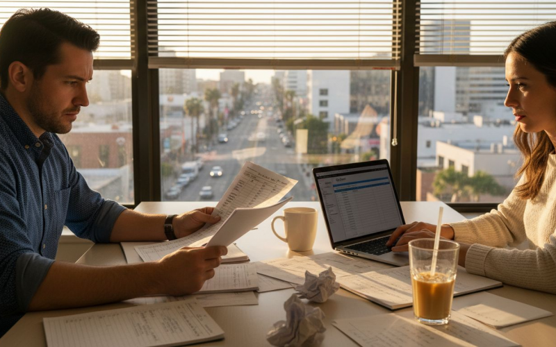 Dos oficinistas revisando papeleo en la mesa de reuniones