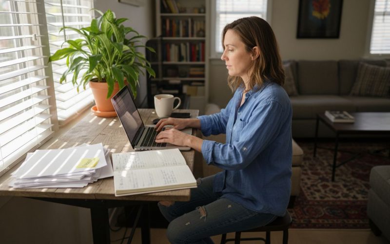 Trabajador remoto de California en una computadora portátil en la sala de estar