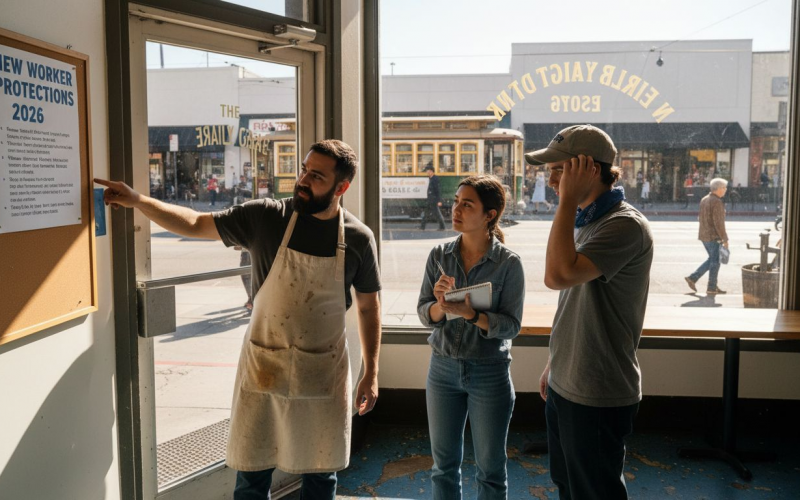 Workers reading new California employment laws written notices