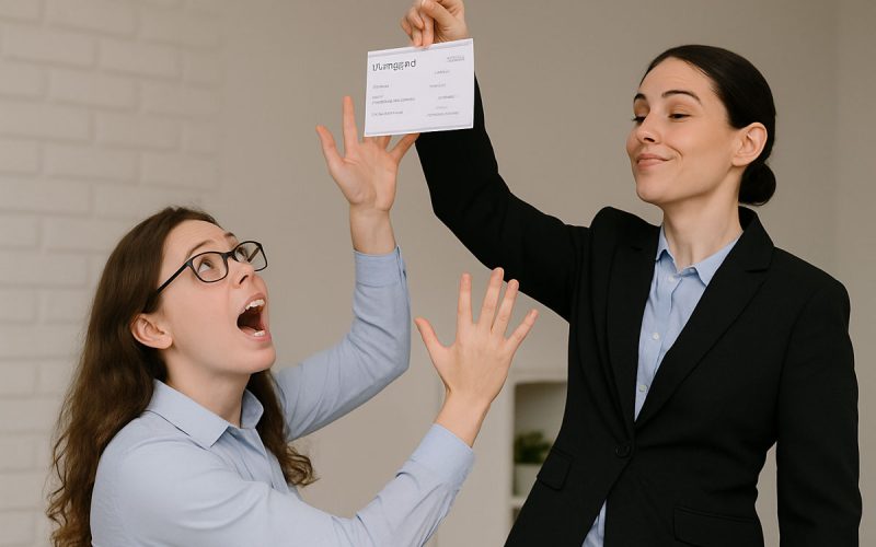 Employer dangling paycheck over employees head.